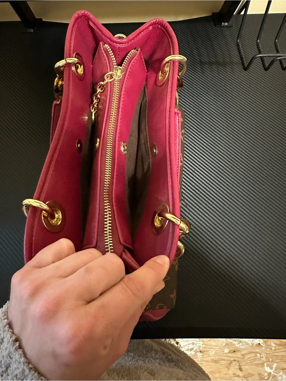 Brown and pink satchel